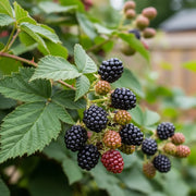 Ripe & unripe 'Loch Ness' blackberries on a branch with green leaves, showcasing deep black, red, & green hues against a blurred garden.